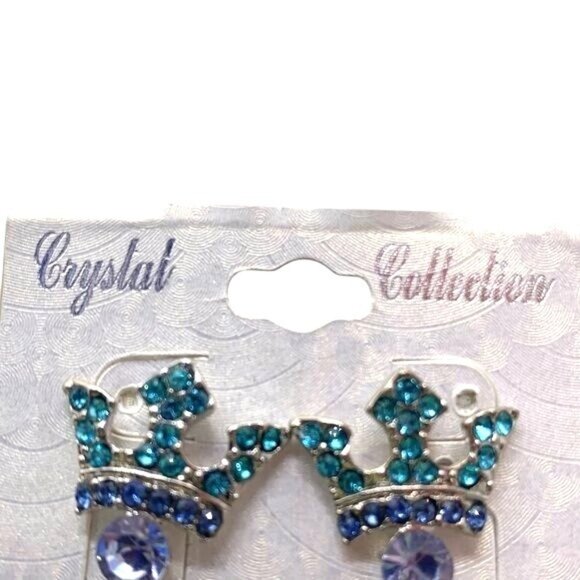 Crystal Collection Crown Princess Blue Turquoise Rhinestone Post Earrings New - Picture 6 of 6